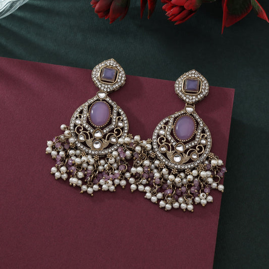 Trendy Light Purple Color Kundan Earrings For Elegant Indian Celebrations