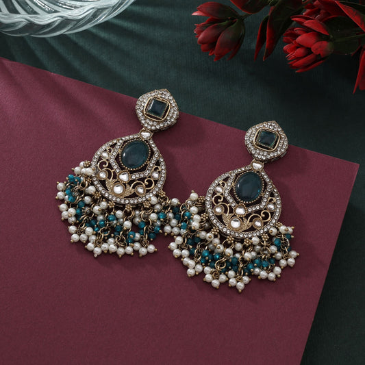 Classy Rama Green Color Kundan Earrings With Refined Traditional Work