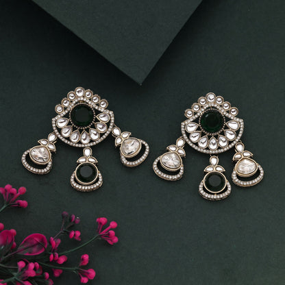 Radiant Green Color Kundan Earrings With Beautiful Polki Stone Detailing