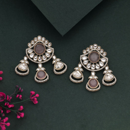 Graceful Pink Color Kundan Earrings With Intricate Design For Cultural Events