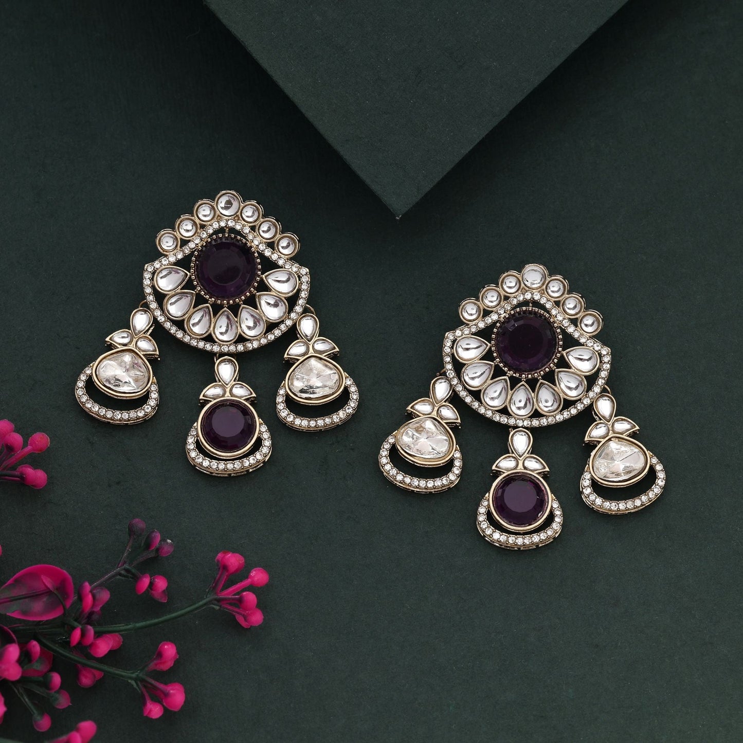 Stylish Purple Color Kundan Earrings For Party And Wedding Wear