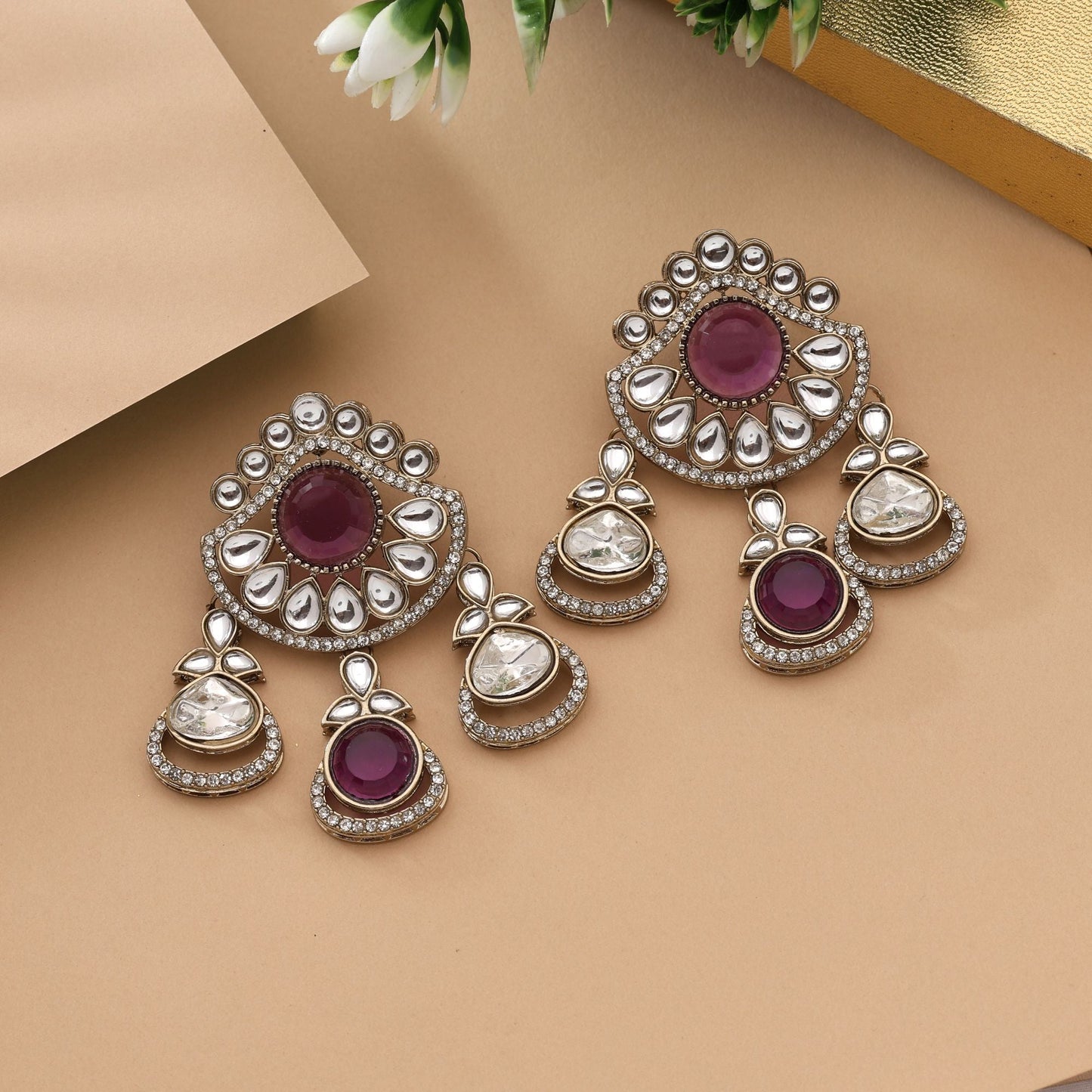 Stylish Purple Color Kundan Earrings For Party And Wedding Wear