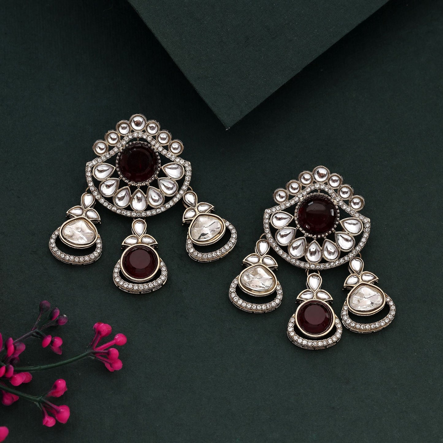 Elegant Red Color Kundan Earrings For Bridal And Party Styling