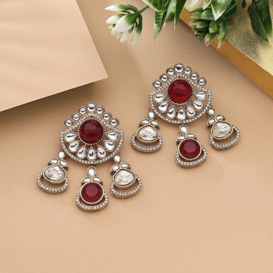 Elegant Red Color Kundan Earrings For Bridal And Party Styling