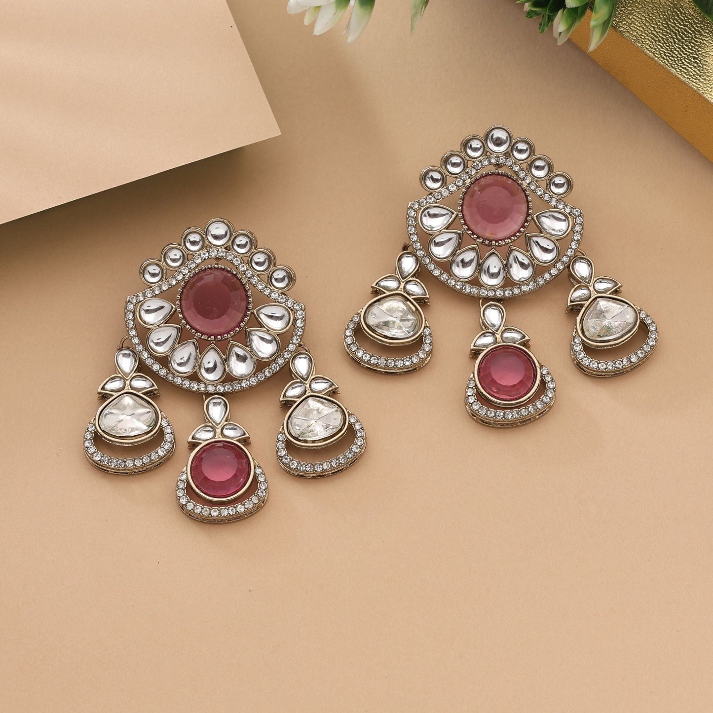 Gorgeous Rani Color Kundan Earrings For Traditional And Elegant Occasions