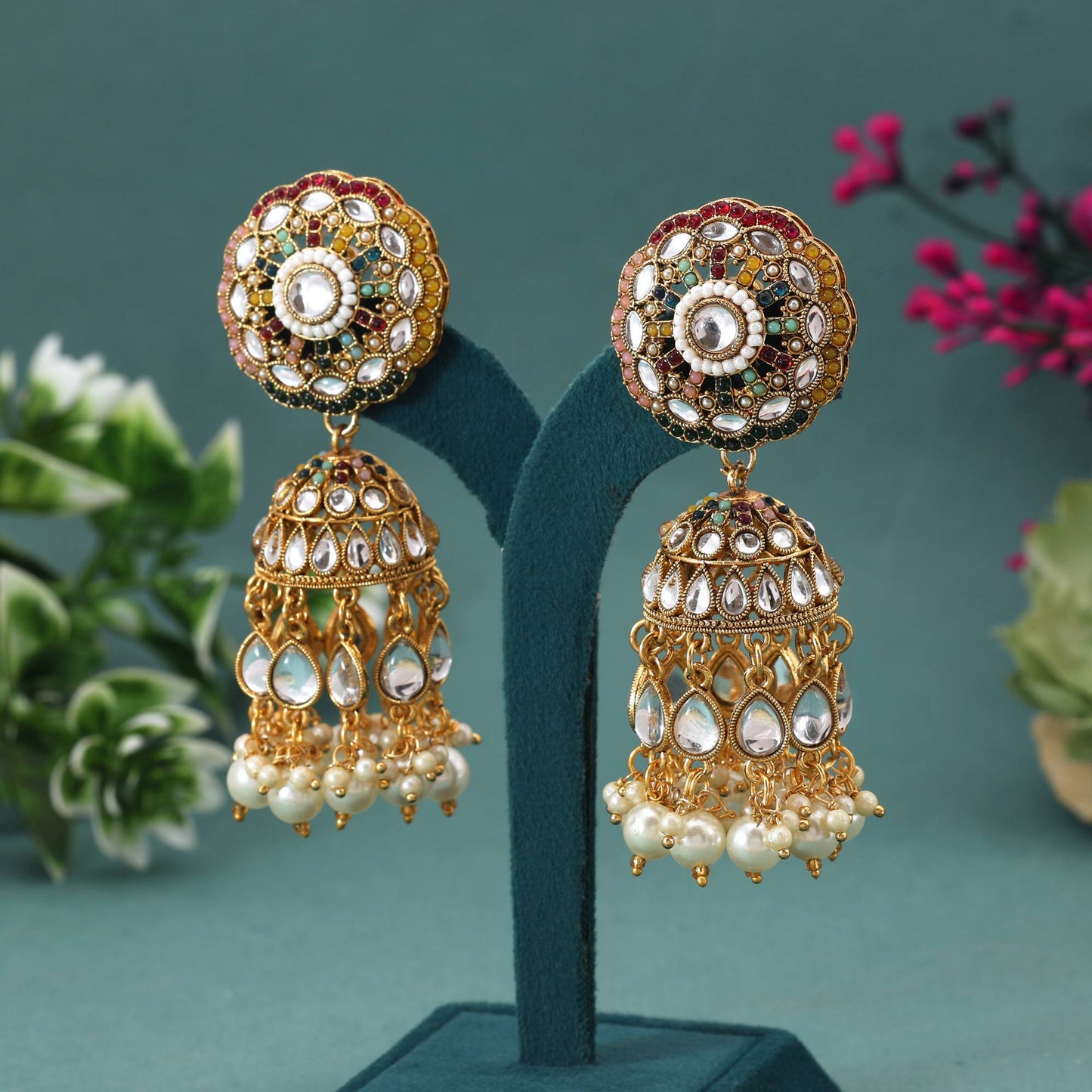 Multi Color Kundan Earrings With Gold Finish And Traditional Indian Craftsmanship