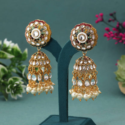 Multi Color Kundan Earrings With Gold Finish And Traditional Indian Craftsmanship