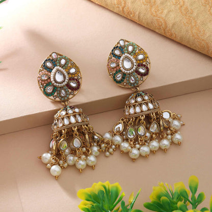 Multi Color Kundan Earrings With Beautiful Handcrafted Floral Stone Setting