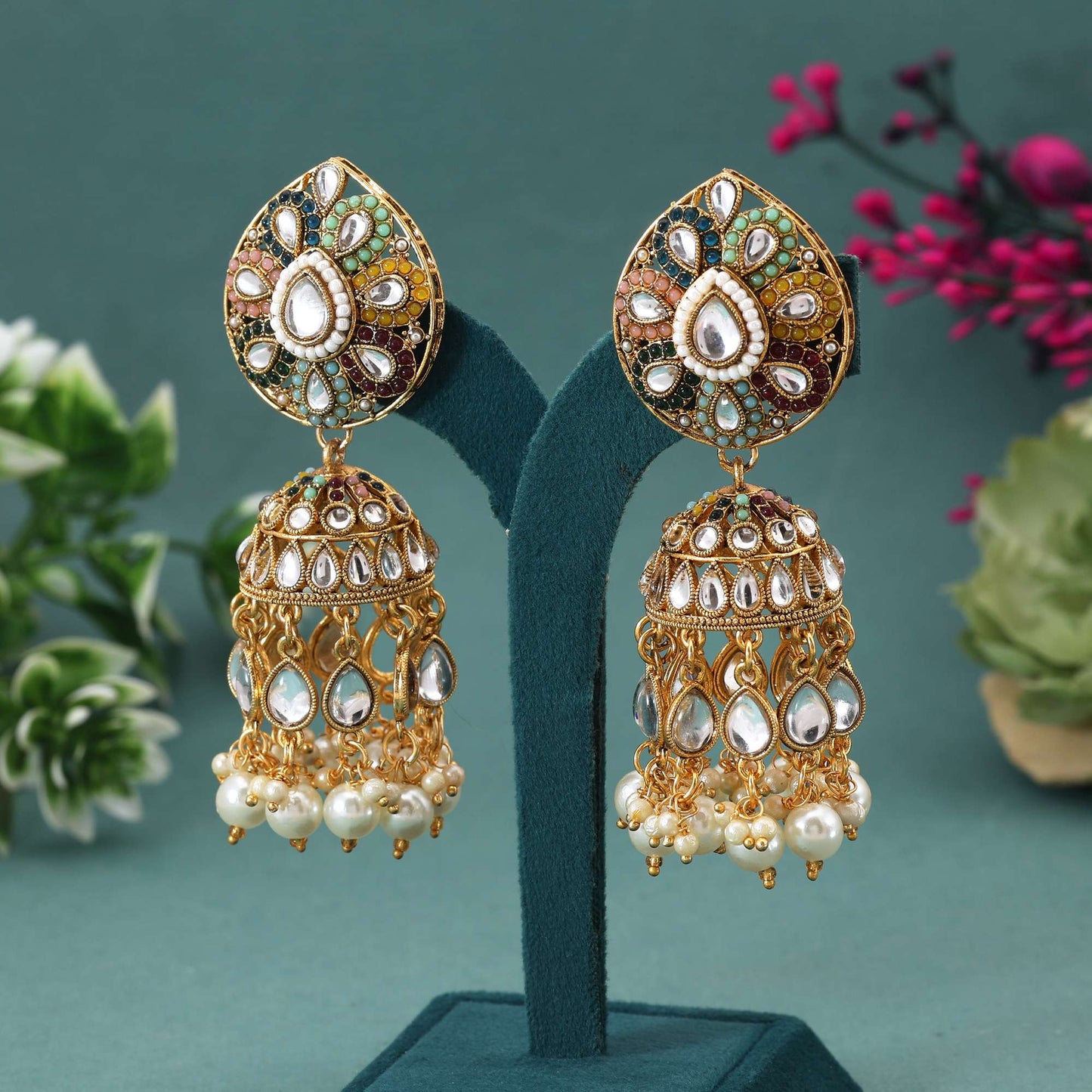 Multi Color Kundan Earrings With Beautiful Handcrafted Floral Stone Setting