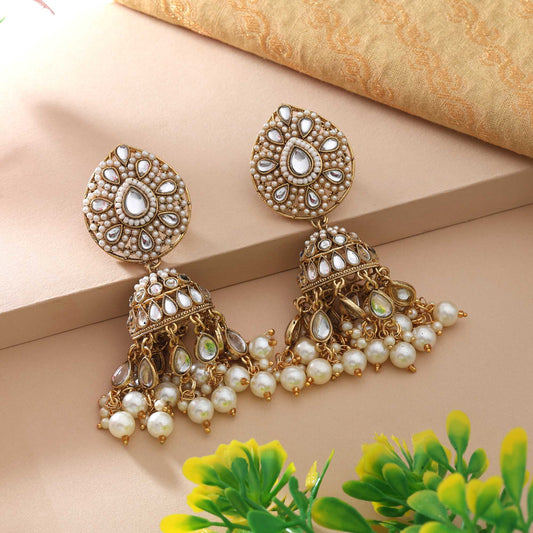 White Color Kundan Earrings With Meenakari Touch Ideal For Bridal Looks