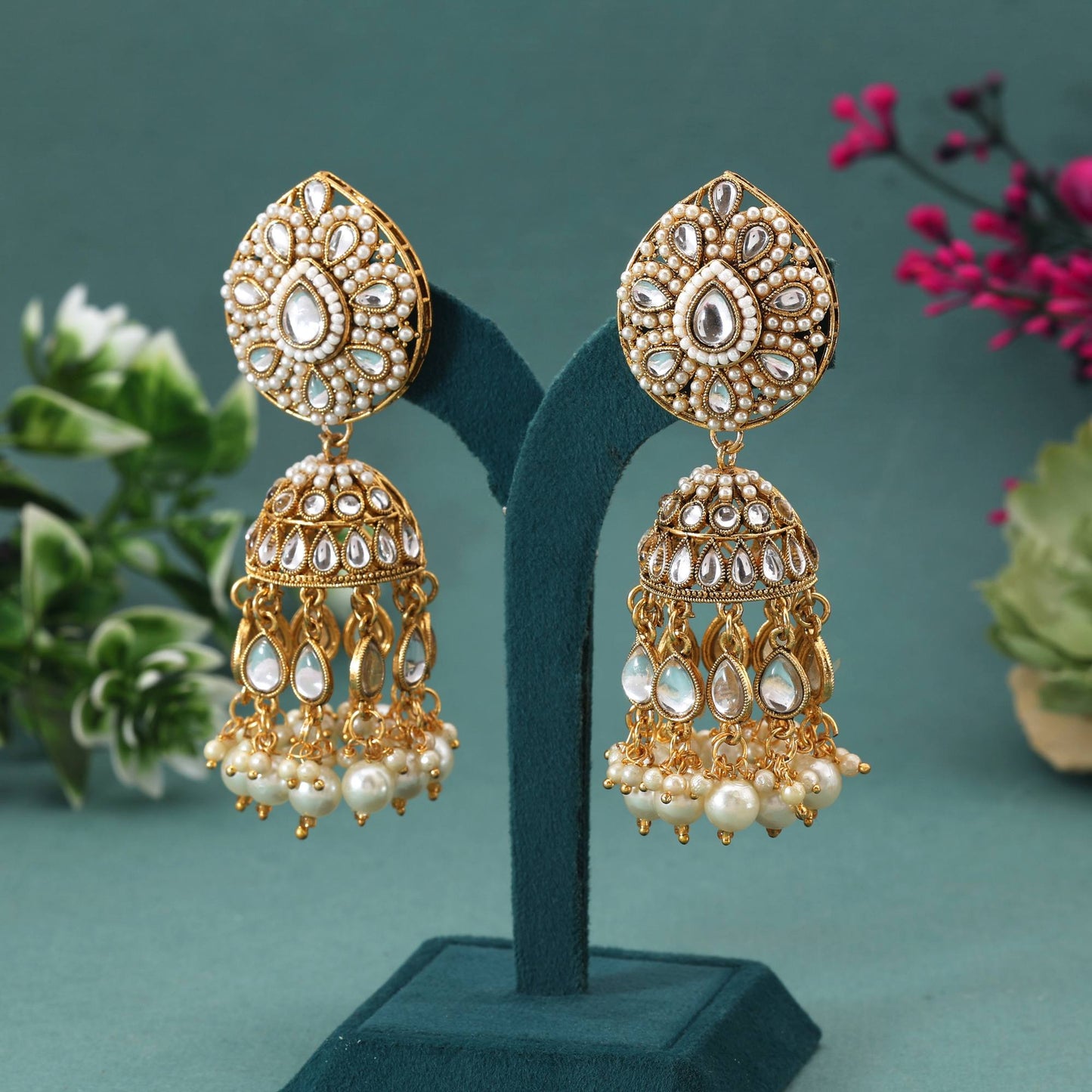 White Color Kundan Earrings With Meenakari Touch Ideal For Bridal Looks