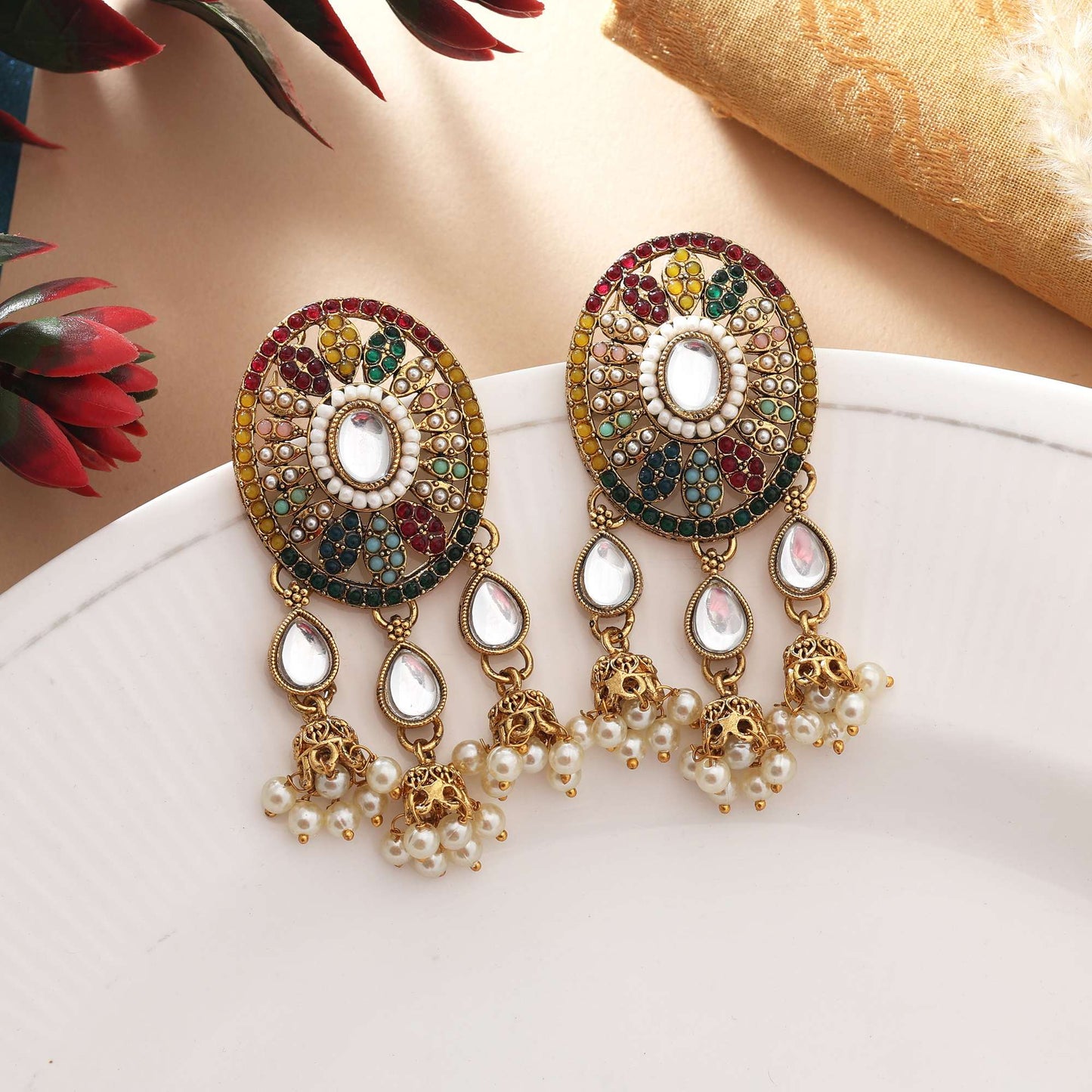 Multi Color Kundan Earrings With Sparkling Stones For Party And Festive Wear