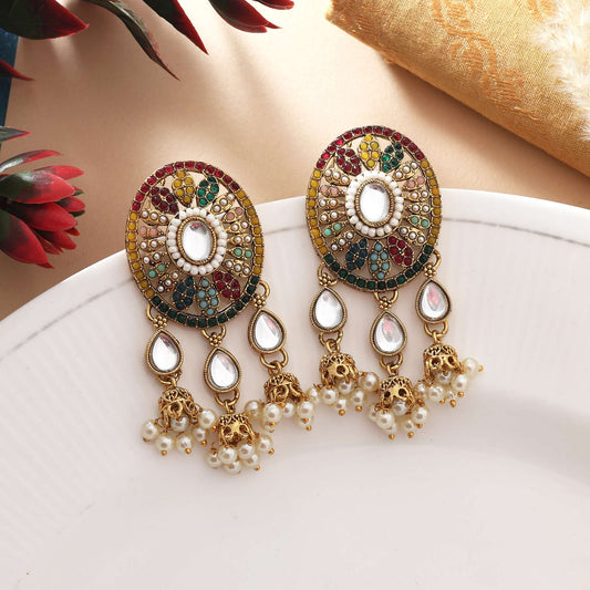 Multi Color Kundan Earrings With Sparkling Stones For Party And Festive Wear