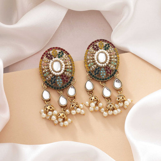 Multi Color Kundan Earrings With Sparkling Stones For Party And Festive Wear