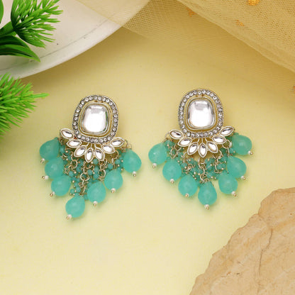 Firozi Color Kundan Earrings With Gold Plating And Polki Stone Work