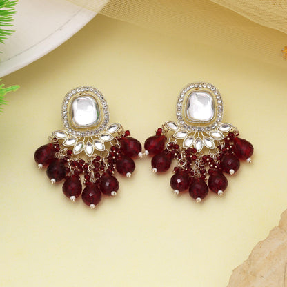 Maroon Color Kundan Earrings With Beautiful Stone Setting For Ethnic Style