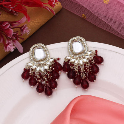 Maroon Color Kundan Earrings With Beautiful Stone Setting For Ethnic Style