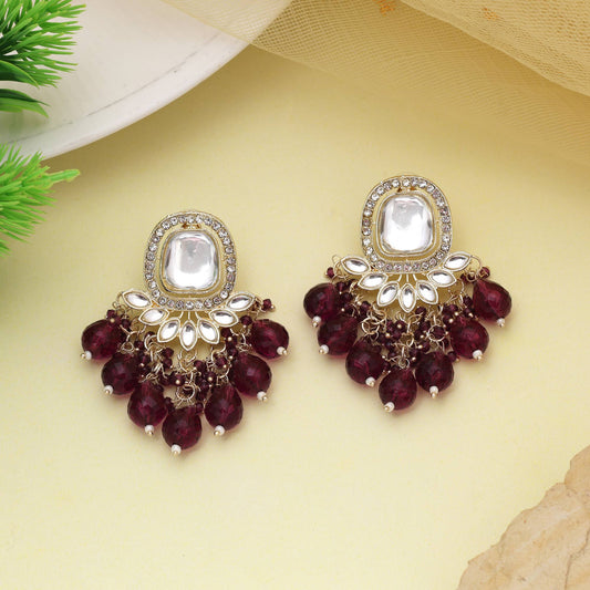 Purple Color Kundan Earrings With Antique Gold Plating For Cultural Wear