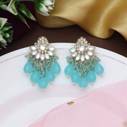 Firozi Color Kundan Earrings With Intricate Handwork For Ethnic Attire