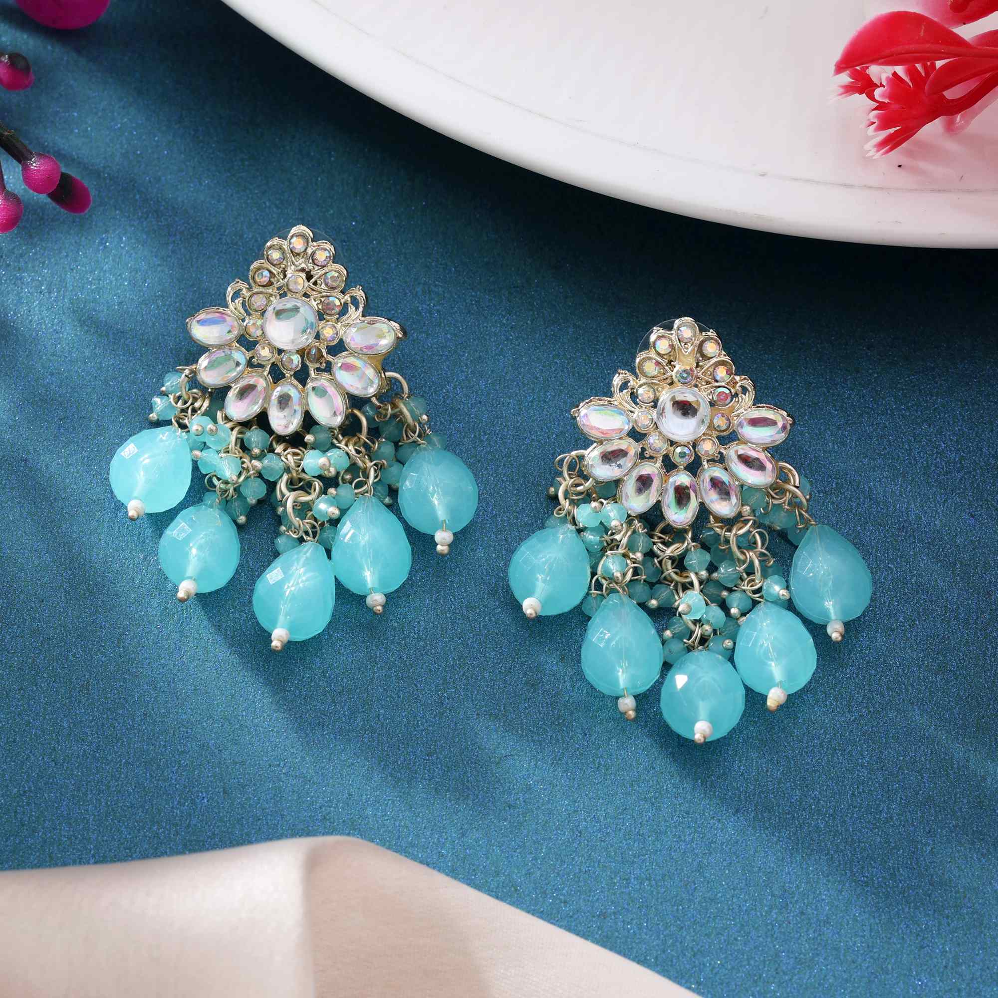 Firozi Color Kundan Earrings With Intricate Handwork For Ethnic Attire ...