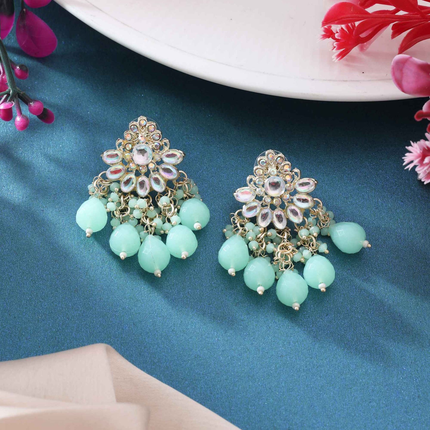 Light Green Color Kundan Earrings With Handcrafted Stone And Pearl Touch