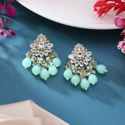 Light Green Color Kundan Earrings With Handcrafted Stone And Pearl Touch