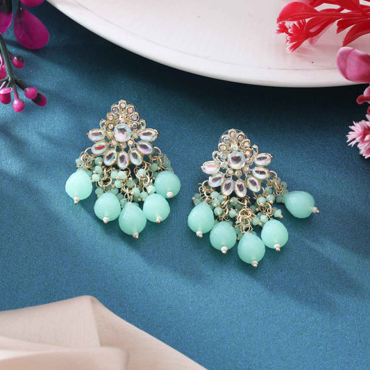 Light Green Color Kundan Earrings With Handcrafted Stone And Pearl Touch