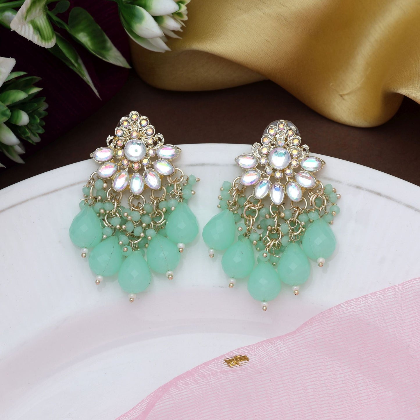 Light Green Color Kundan Earrings With Handcrafted Stone And Pearl Touch