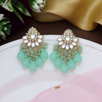 Light Green Color Kundan Earrings With Handcrafted Stone And Pearl Touch
