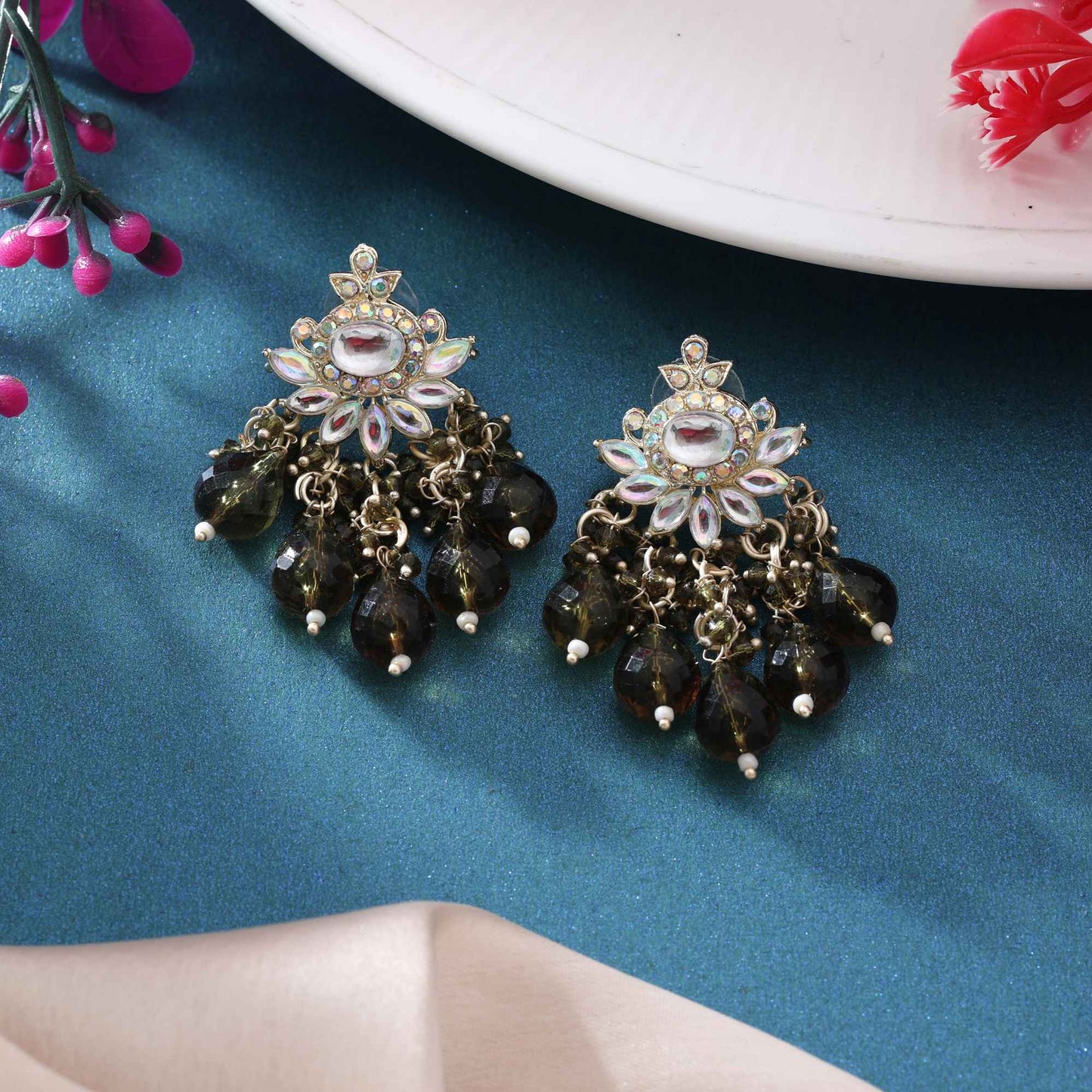 Mehandi Green Color Kundan Earrings With Artistic Work For Bridal Occasions