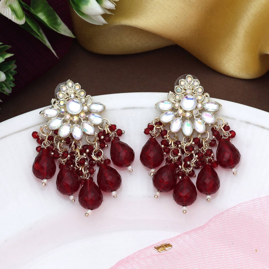 Maroon Color Kundan Earrings With Gold Base Perfect For Wedding Function
