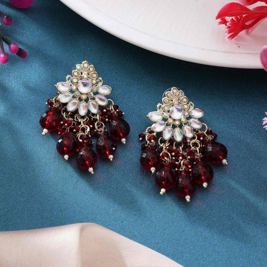 Maroon Color Kundan Earrings With Gold Base Perfect For Wedding Function