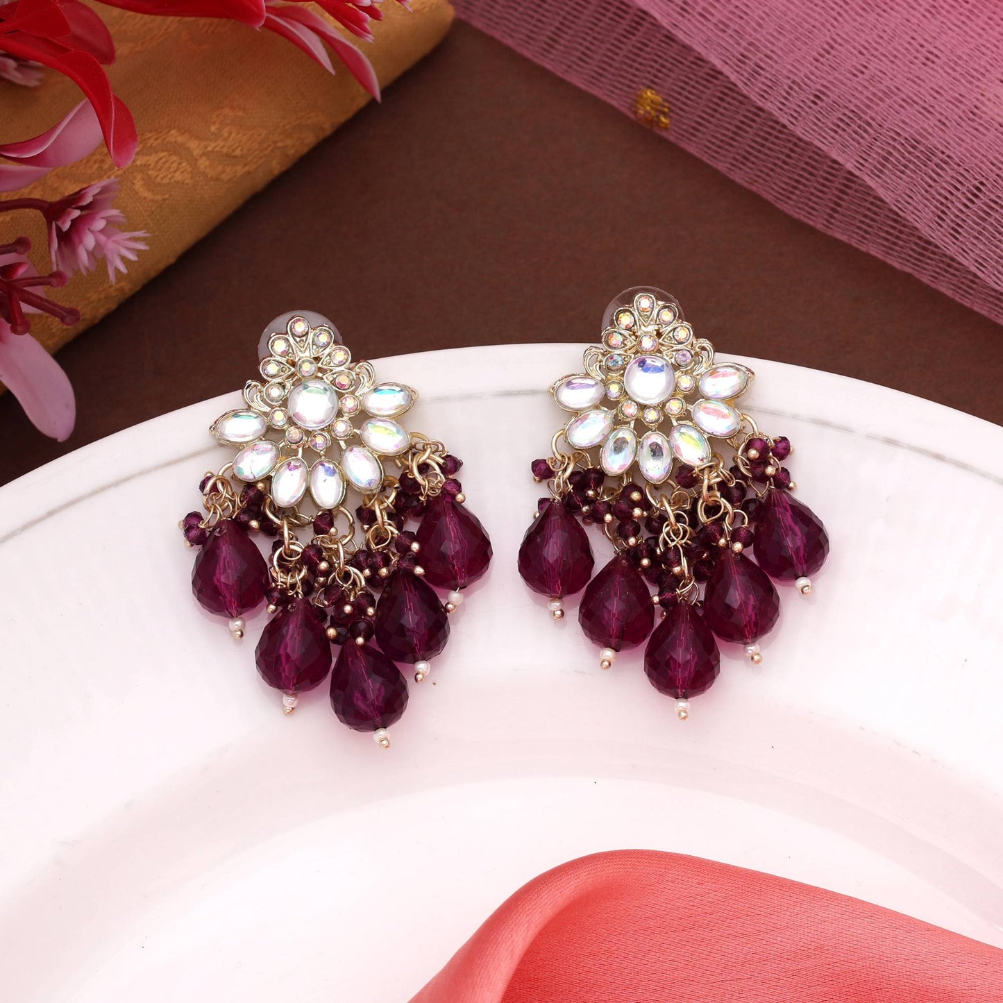 Purple Color Kundan Earrings With Royal Finish And Polished Design