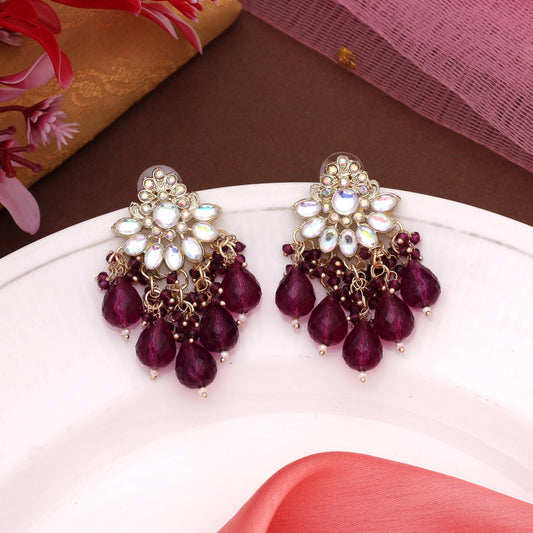 Purple Color Kundan Earrings With Royal Finish And Polished Design