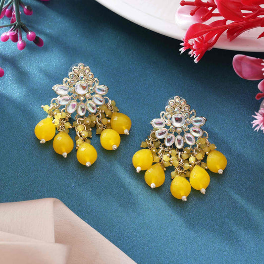 Yellow Color Kundan Earrings With Meenakari Design And Polished Detailing