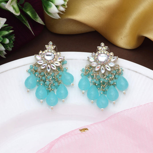 Firozi Color Kundan Earrings With Pearls And Polki Stones For Bridal Wear