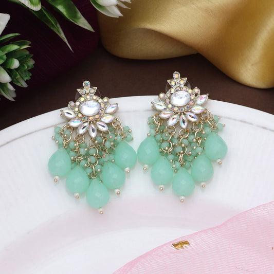 Light Green Color Kundan Earrings With Elegant Craft Work And Polki Design