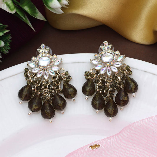 Mehandi Green Color Kundan Earrings With Golden Design And Polki Finish