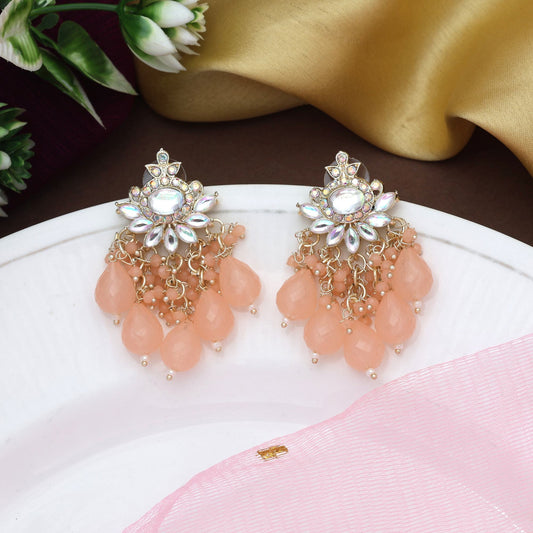 Peach Color Kundan Earrings With Polki Stone Work For Ethnic Occasions