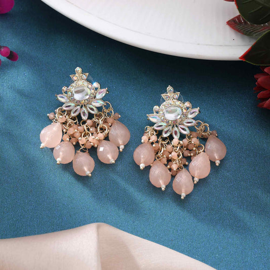 Peach Color Kundan Earrings With Polki Stone Work For Ethnic Occasions