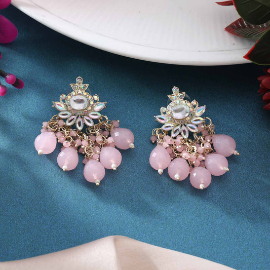 Pink Color Kundan Earrings With Stone Detailing And Glossy Gold Finish