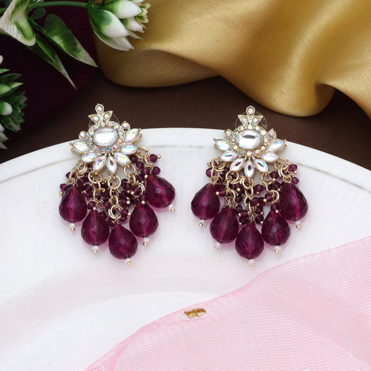 Purple Color Kundan Earrings With Traditional Stonework And Gold Base Polish