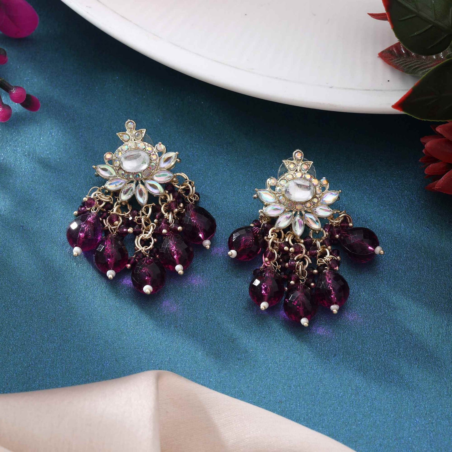 Purple Color Kundan Earrings With Traditional Stonework And Gold Base Polish