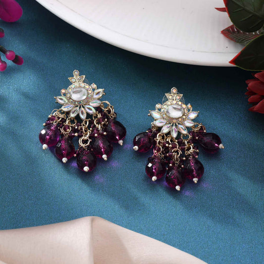 Purple Color Kundan Earrings With Traditional Stonework And Gold Base Polish