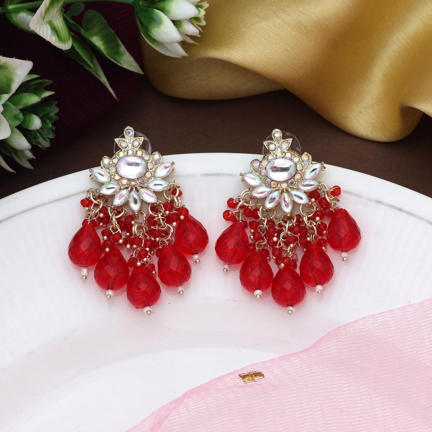 Red Color Kundan Earrings With Gold Finish And Polki Detailing