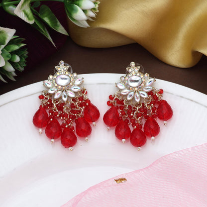 Red Color Kundan Earrings With Gold Finish And Polki Detailing