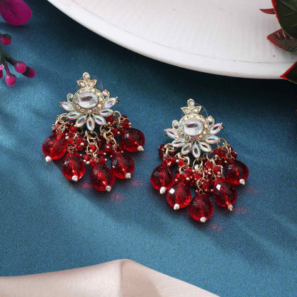 Red Color Kundan Earrings With Gold Finish And Polki Detailing
