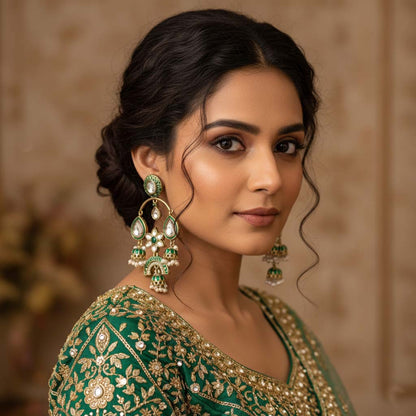 Grüne Kundan Ohrringe mit klassischer, traditioneller handgefertigter Kundan-Verzierung für Frauen
