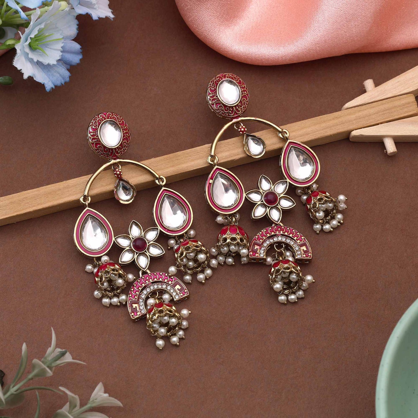 Maroon Color Kundan Earrings Crafted With Rich Ethnic Shine Perfect For Festive Outfits