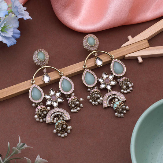 Pink & Pista Green Color Kundan Earrings Designed With Dual-Tone Ethnic Kundan Artistic Craft